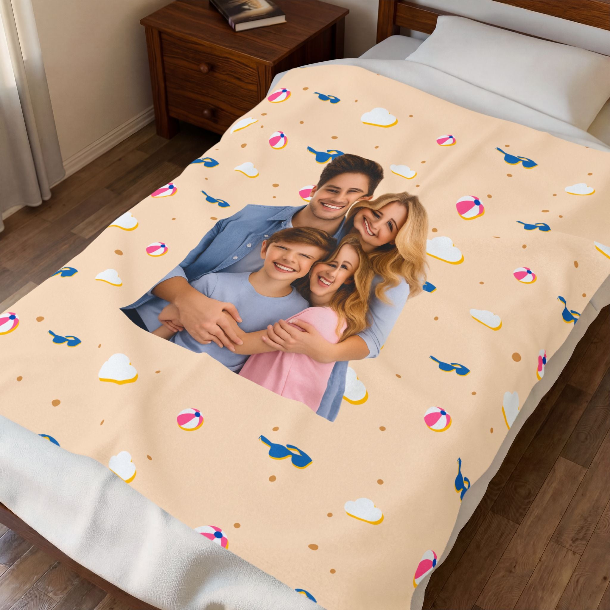 Personalized Velveteen Plush Blanket – Custom Photo Throw with Cute Beach Ball & Cloud Pattern