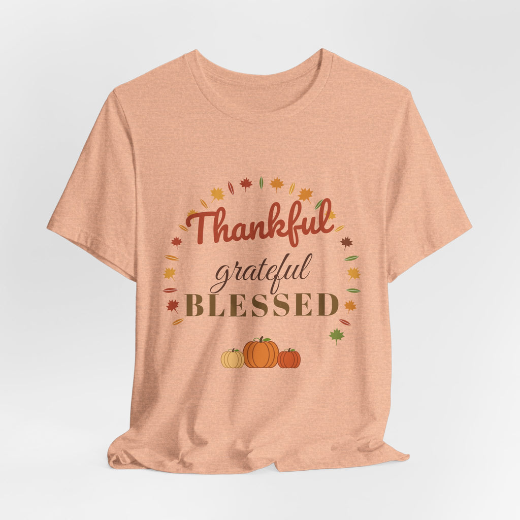 Thankful Grateful Blessed Tee — Fall Leaves & Pumpkin Thanksgiving T-Shirt