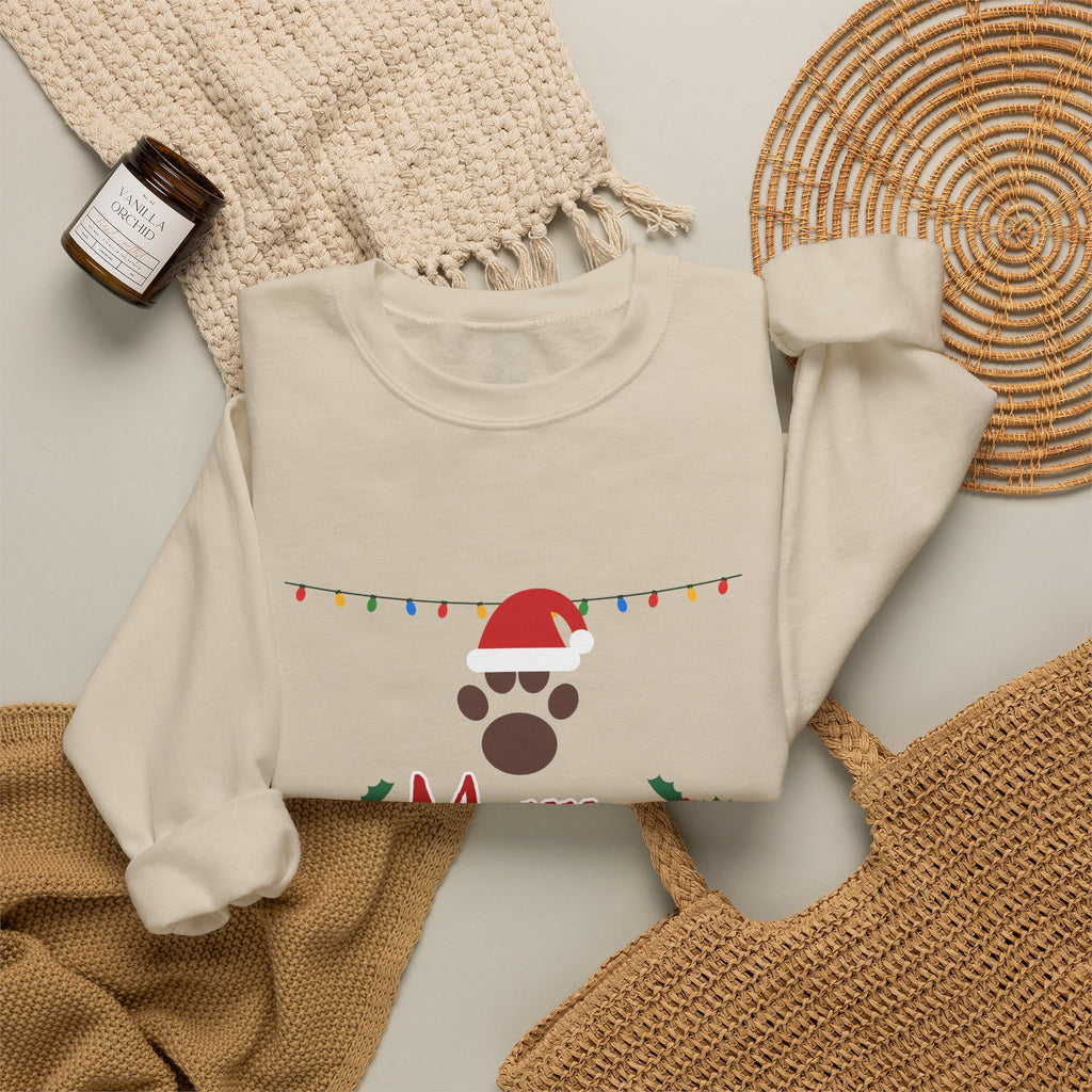 Merry Woofmas Sweatshirt — Dog Mom Christmas Paw Print Santa Hat Crewneck