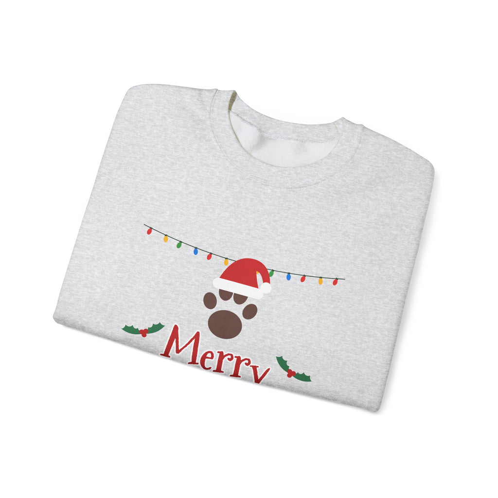Merry Woofmas Sweatshirt — Dog Mom Christmas Paw Print Santa Hat Crewneck