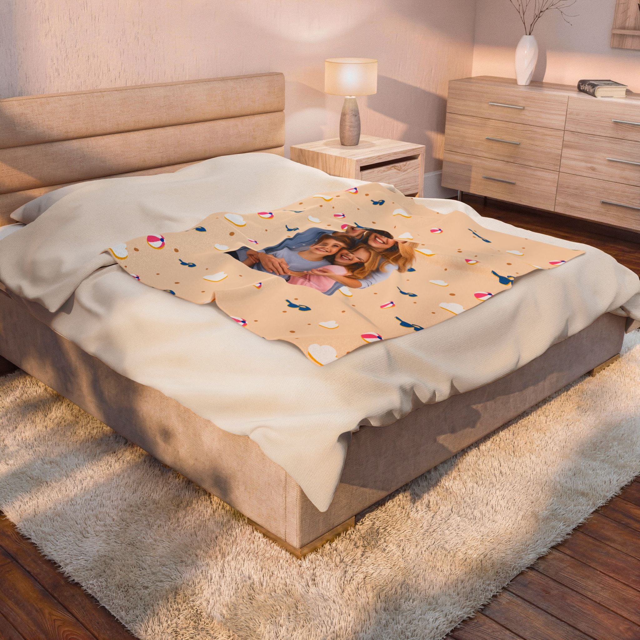 Personalized Velveteen Plush Blanket – Custom Photo Throw with Cute Beach Ball & Cloud Pattern