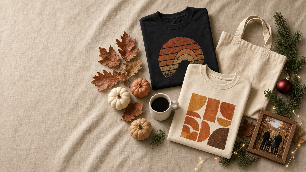 Holiday gift flat lay: custom printed t-shirts, tote bag, mug and a framed family photo with autumn leaves and pine