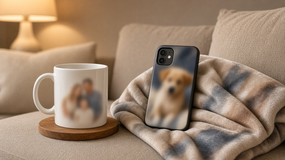 Personalized photo mug and phone case on a cozy couch